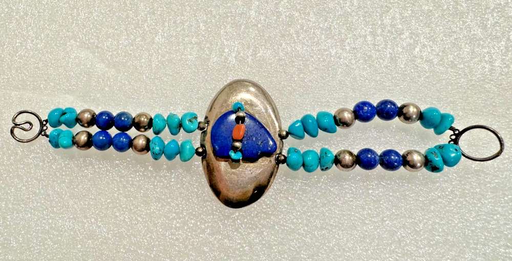 Vtg TAXCO Sterling Silver Bracelet Lapis Lazuli Fetish Bear Turquoise Beaded